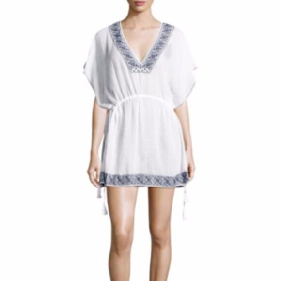 Joie Tunic Beach Dress Coverup M/L White V-Neck Blue Embroidered Cotton Summer - Picture 11 of 11
